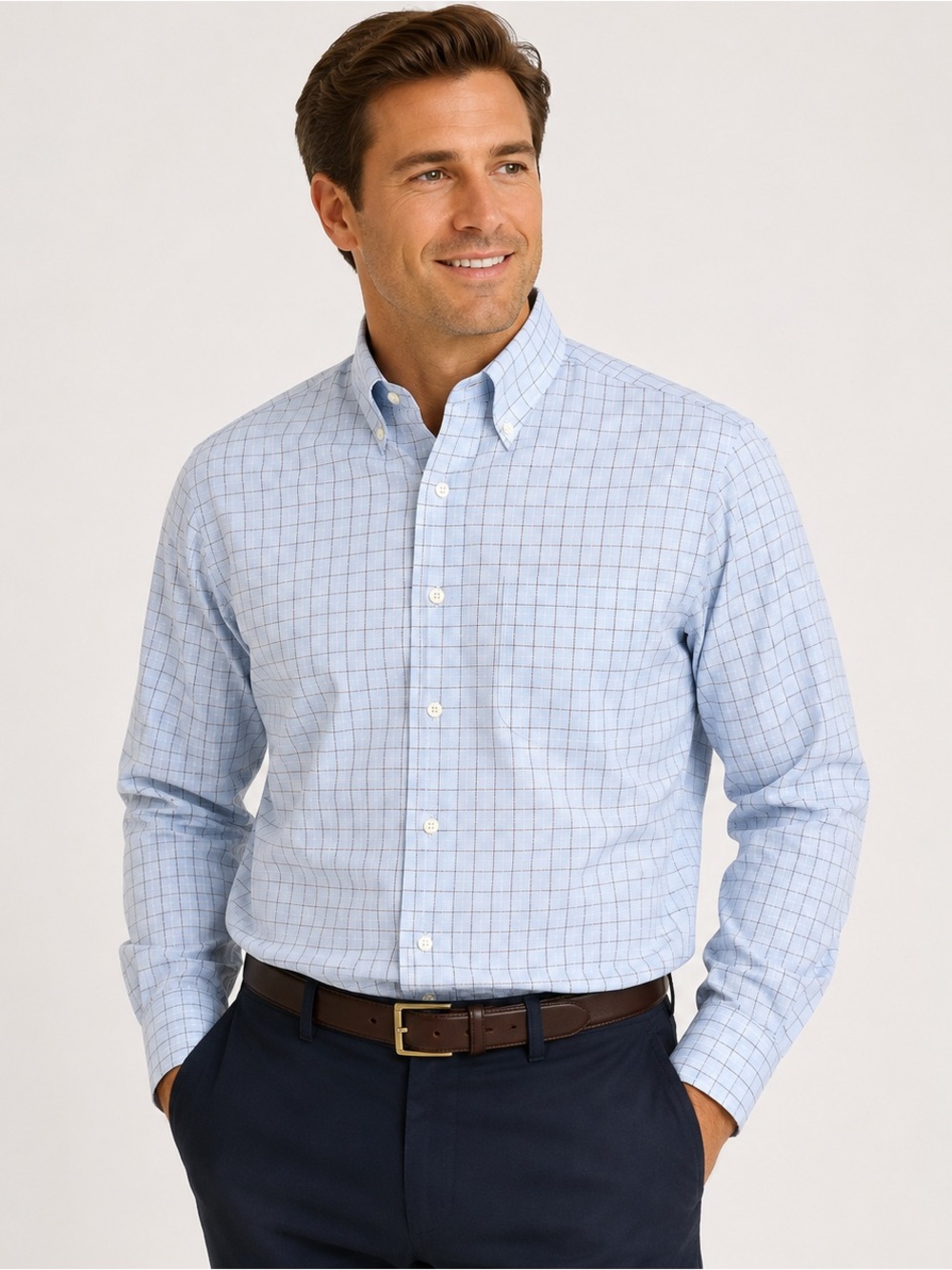 Brooks Brothers Non-Iron Button Down Shirt Medium Blue Brown Check Cotton USA